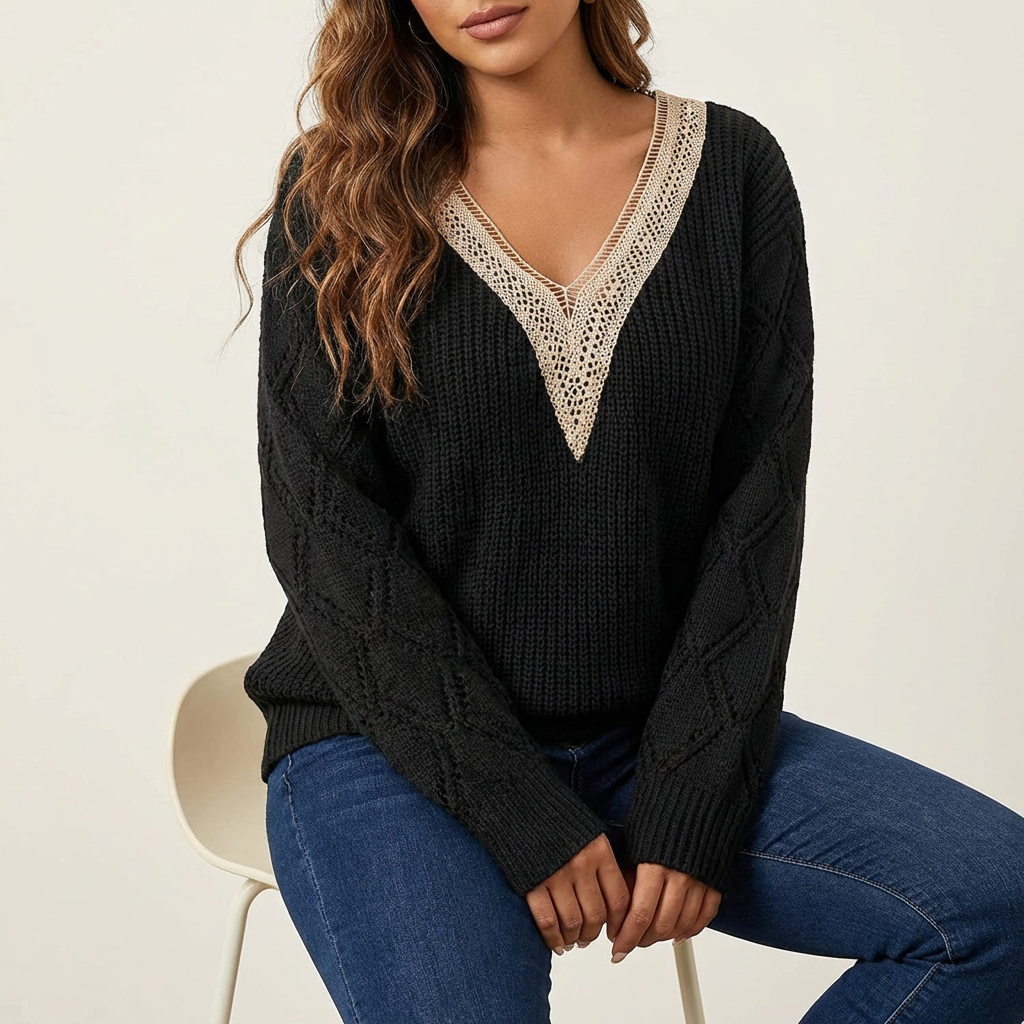 Gehaakte v-hals trui met kantdetail – Hanna