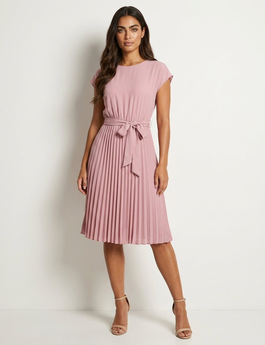 Pleated midi dress with bow belt - Sophie
