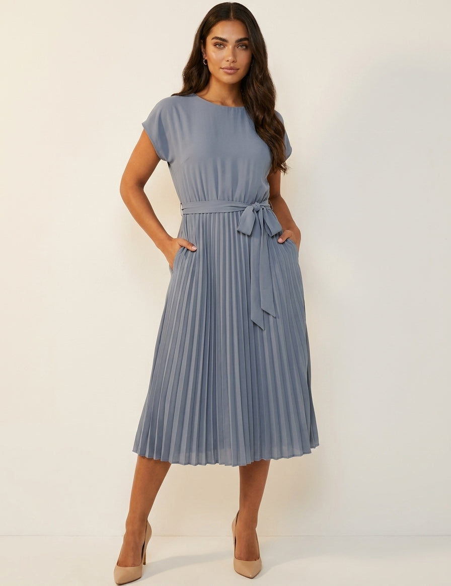 Pleated midi dress with bow belt - Sophie