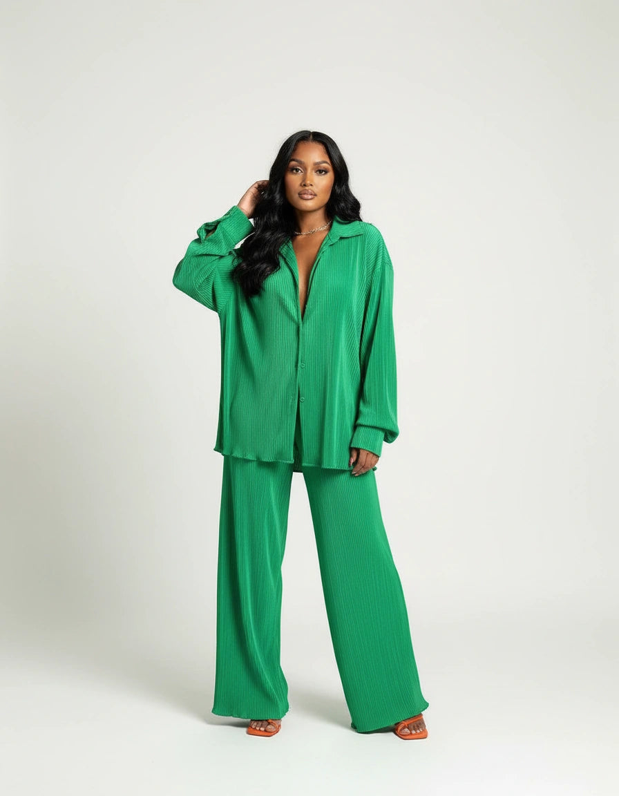 Geplooide dames lounge set met blouse en broek – Amélie