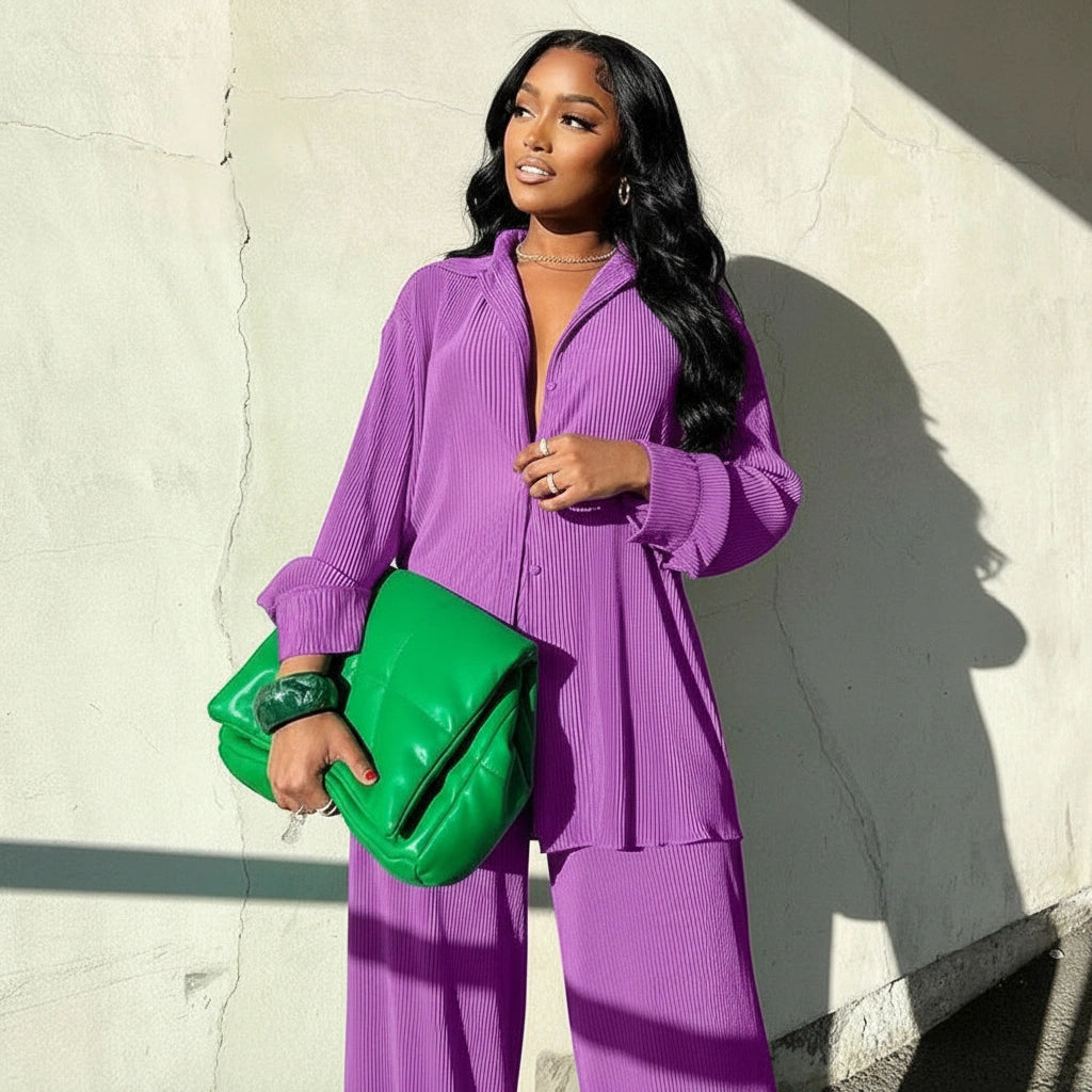 Pleated women’s lounge set with blouse and trousers – Amélie
