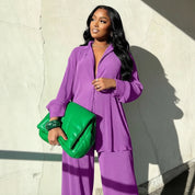 Geplooide dames lounge set met blouse en broek – Amélie