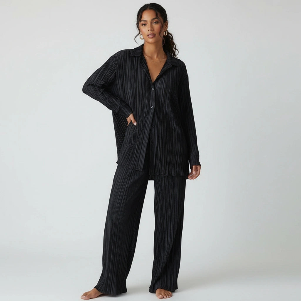 Geplooide dames lounge set met blouse en broek – Amélie