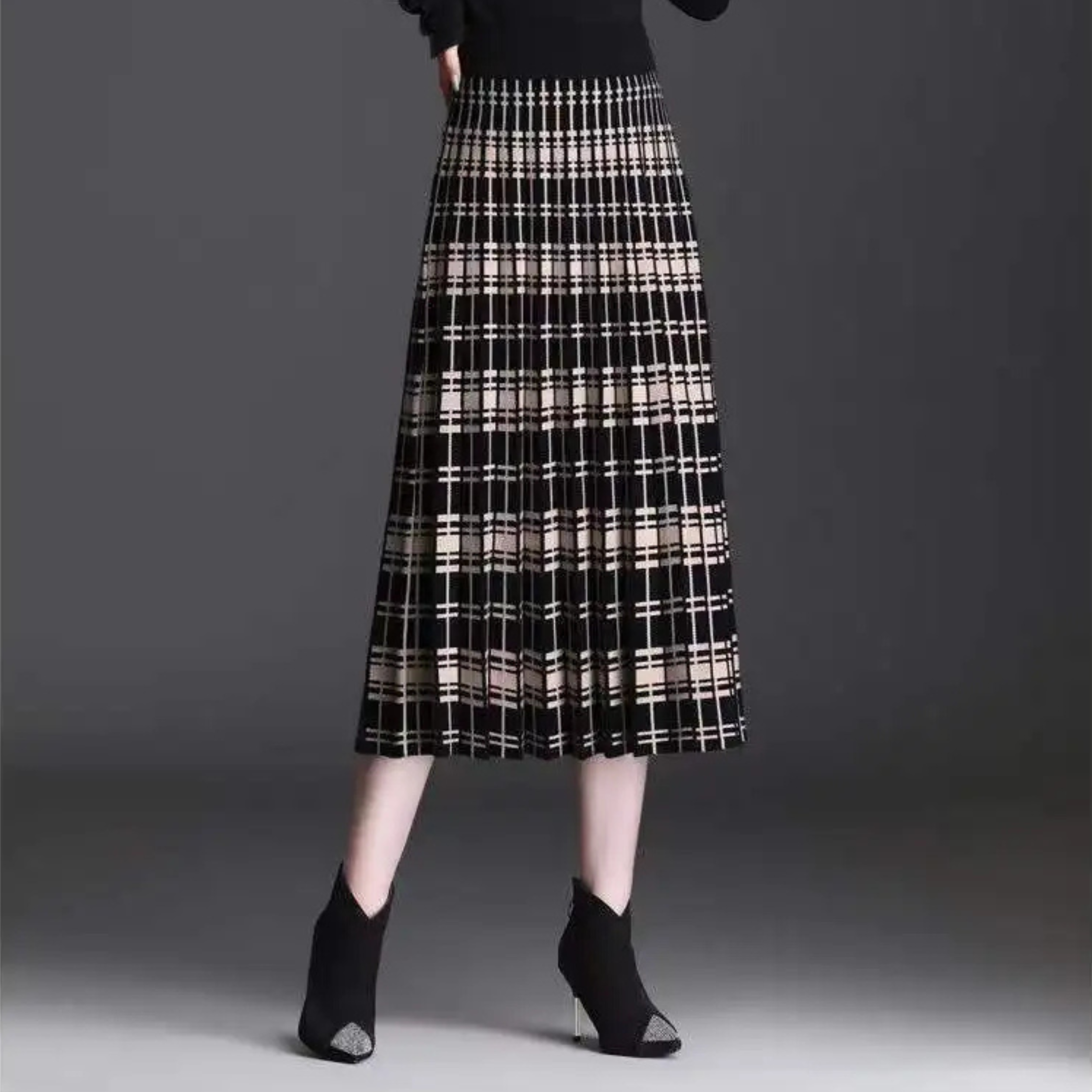 Geplooide midi rok met ruitpatroon – Elara