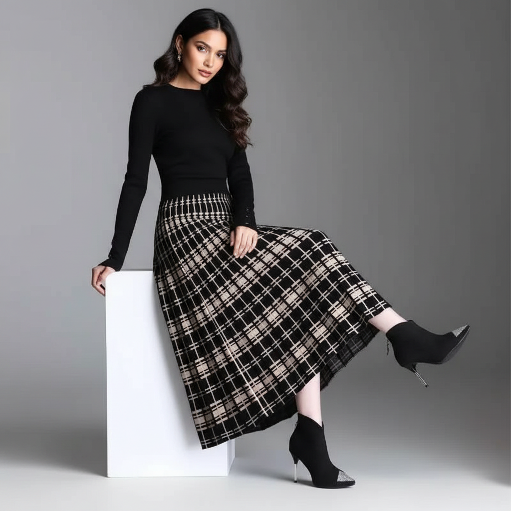 Geplooide midi rok met ruitpatroon – Elara