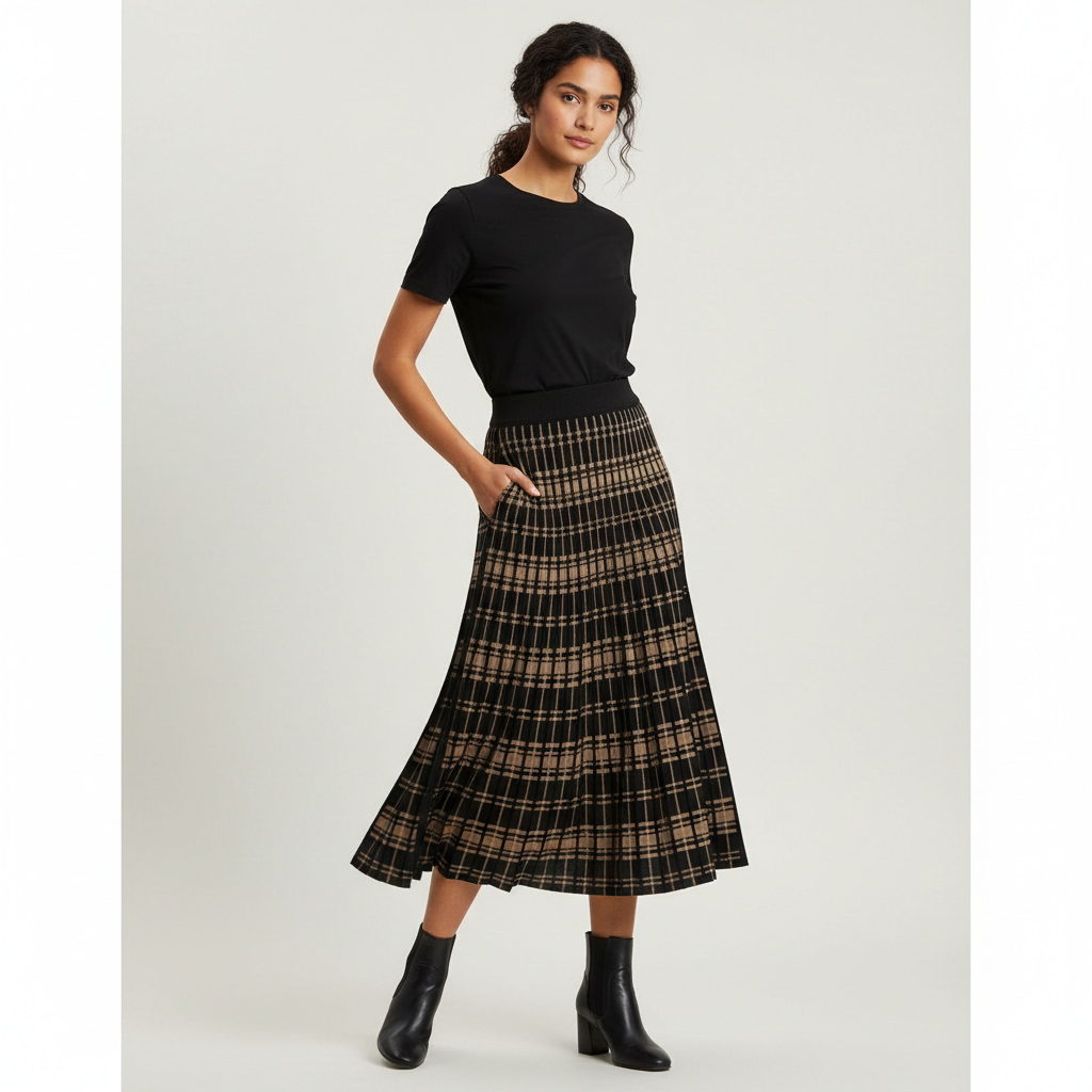 Geplooide midi rok met ruitpatroon – Elara