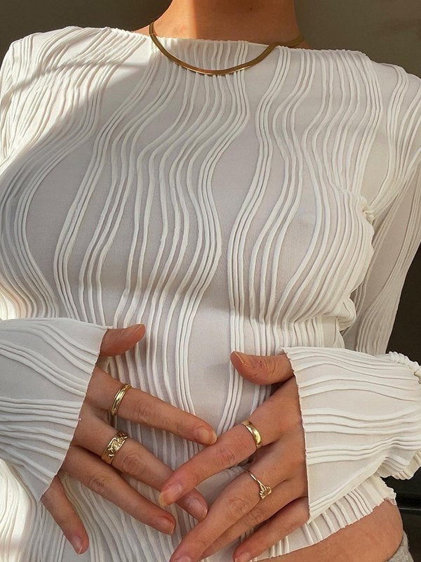 Geribbelde witte long sleeve crop top met textuur