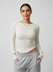 Geribbelde witte long sleeve crop top met textuur