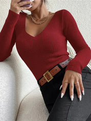 Geribd dames shirt met v-hals en lange mouwen