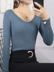 Geribd dames shirt met v-hals en lange mouwen