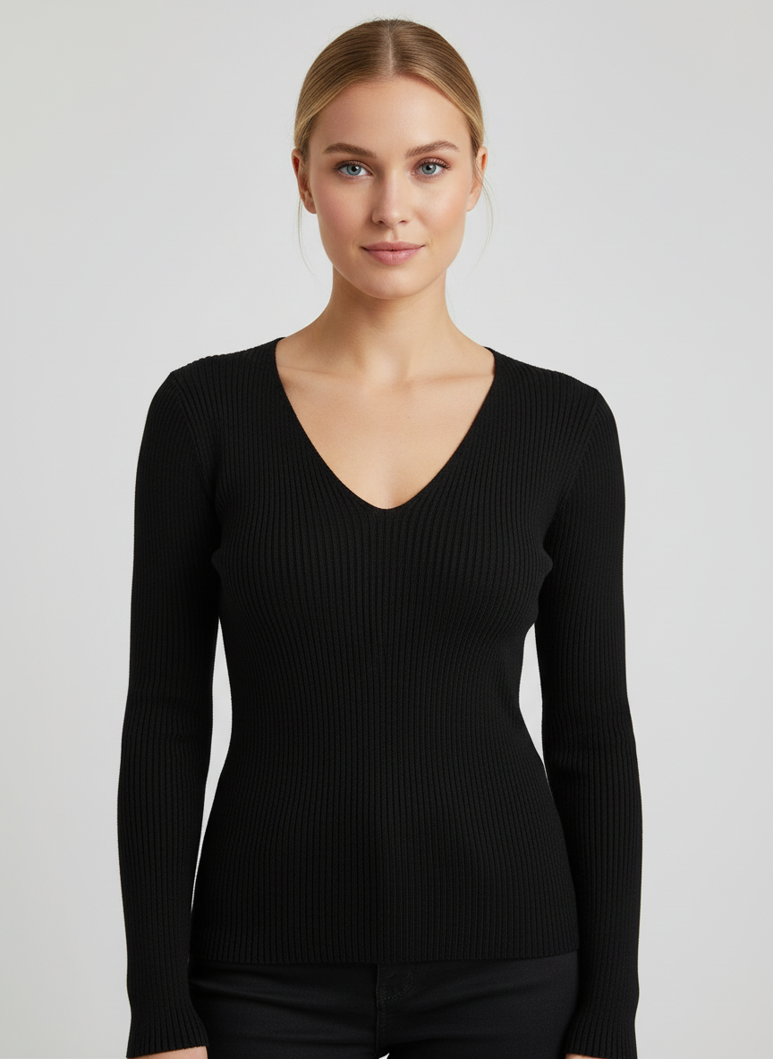 Geribd dames shirt met v-hals en lange mouwen