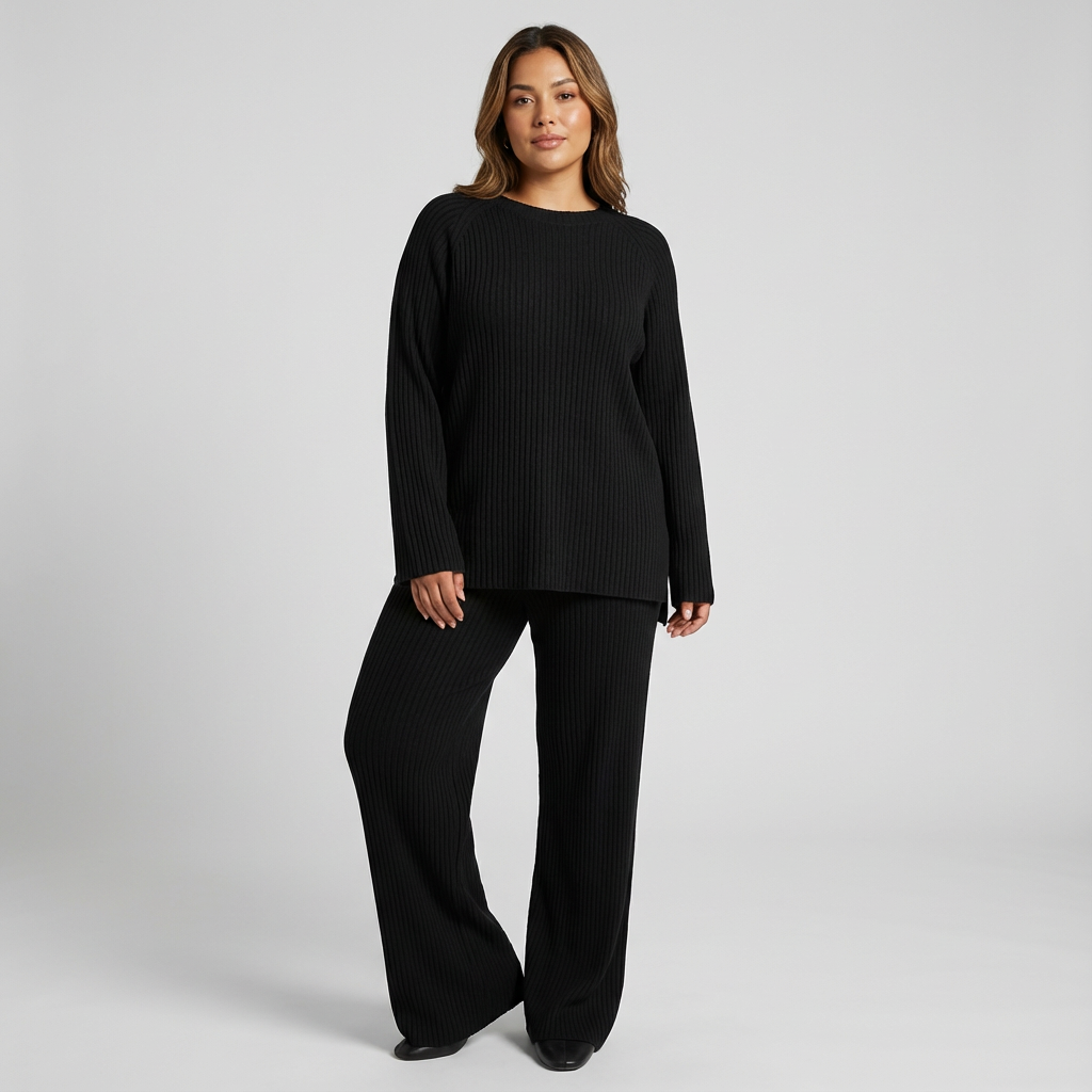 Geribde gebreide dames set met trui en wijde broek