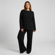 Geribde gebreide dames set met trui en wijde broek