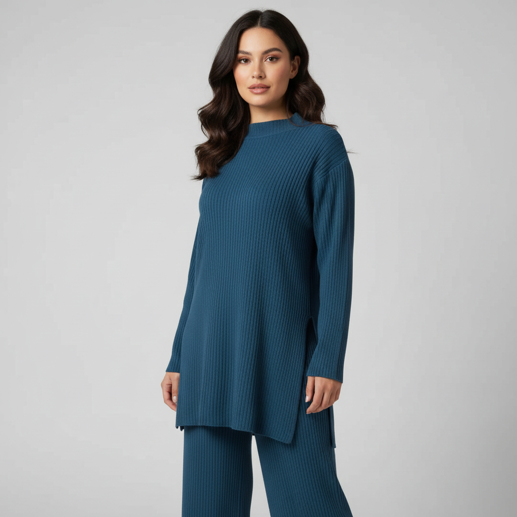 Geribde gebreide dames set met trui en wijde broek