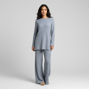 Geribde gebreide dames set met trui en wijde broek