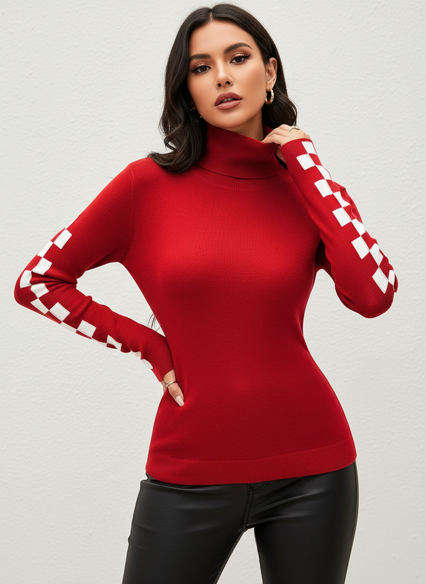 Geribde high-neck damestrui met grafische mouwen – Solène