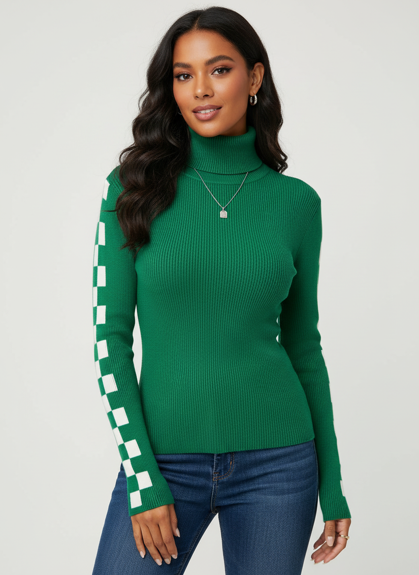 Geribde high-neck damestrui met grafische mouwen – Solène