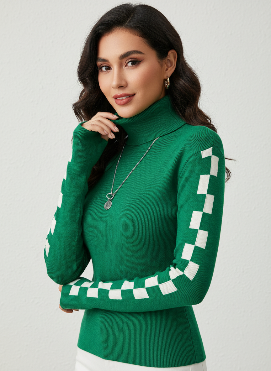 Geribde high-neck damestrui met grafische mouwen – Solène