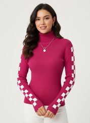 Geribde high-neck damestrui met grafische mouwen – Solène