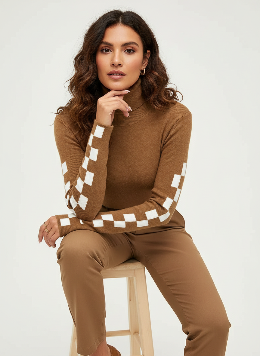 Geribde high-neck damestrui met grafische mouwen – Solène