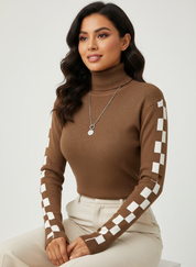 Geribde high-neck damestrui met grafische mouwen – Solène