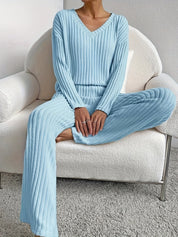 Geribde lounge set dames met V-hals – Elara