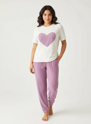 Geribde loungewear set dames met hartdetail – Amore