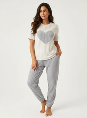 Geribde loungewear set dames met hartdetail – Amore