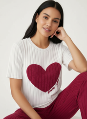Geribde loungewear set dames met hartdetail – Amore