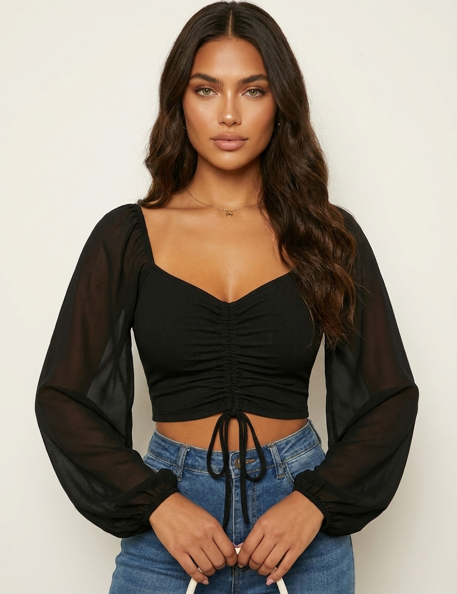 Ruched crop top with puff sleeves - Amélie