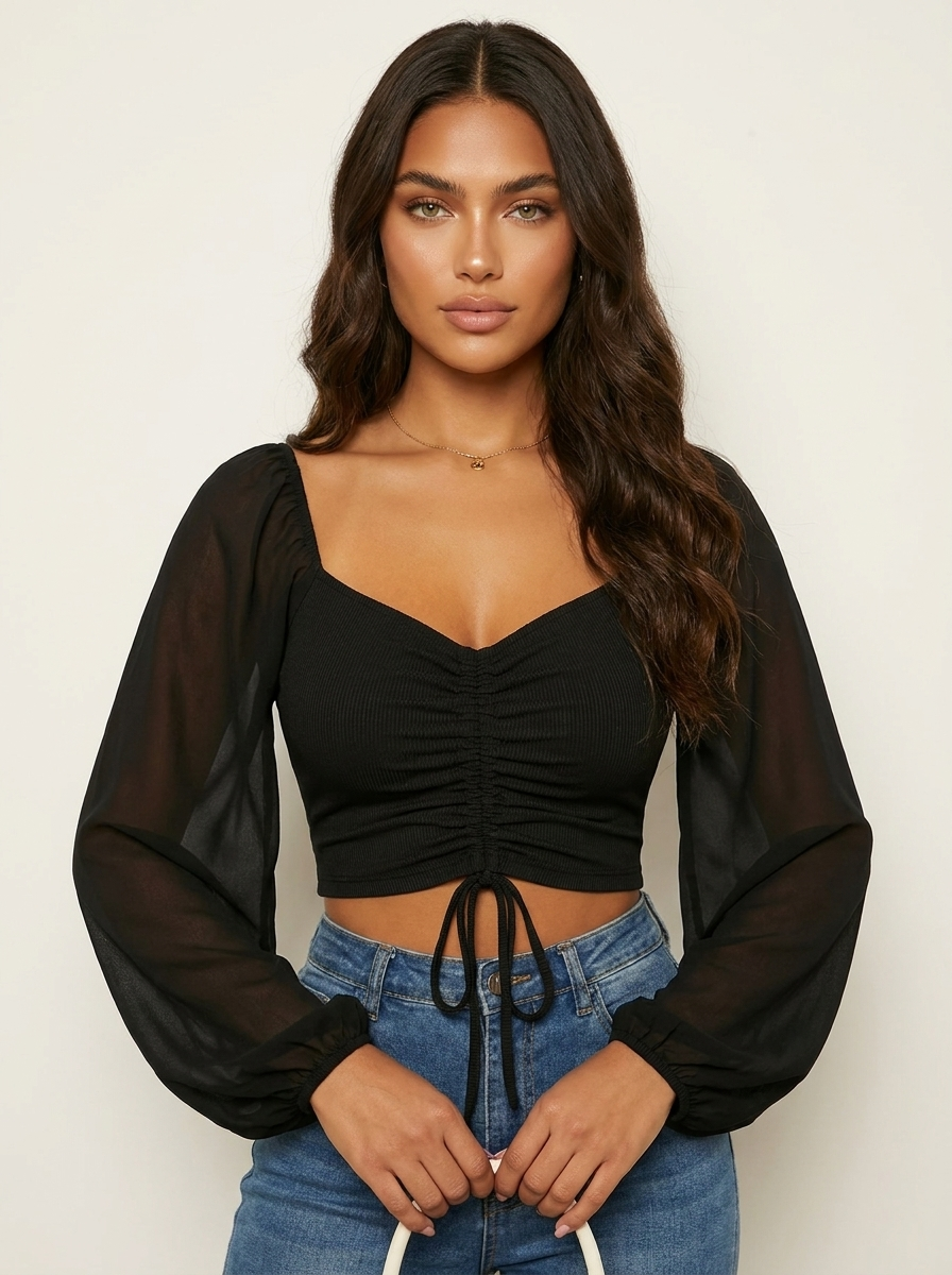 Gerimpelde crop top met pofmouwen - Amélie