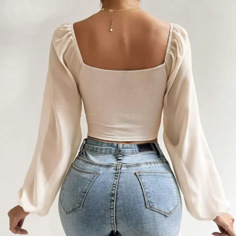 Gerimpte crop blouse met sheer mouwen – Aura