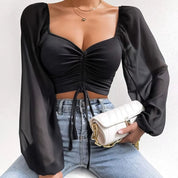 Gerimpte crop blouse met sheer mouwen – Aura