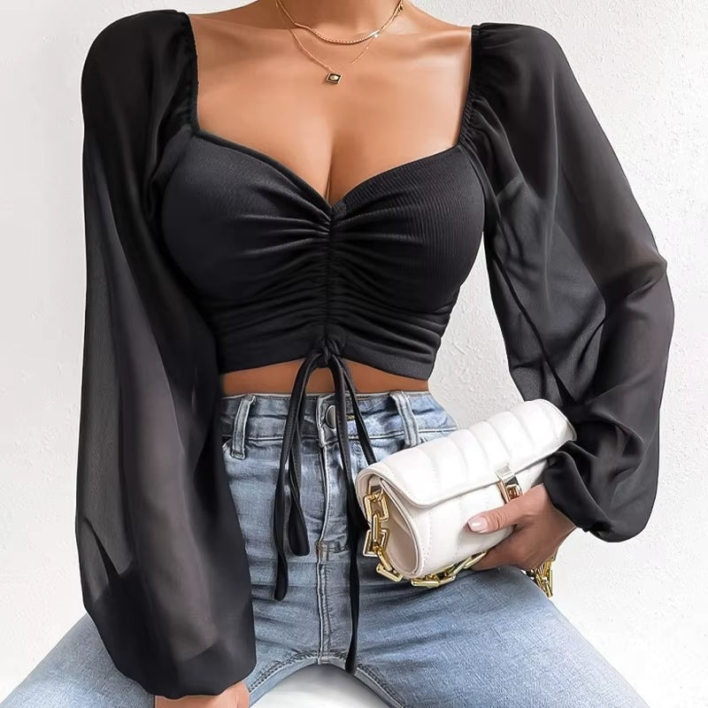 Gerimpte crop blouse met sheer mouwen – Aura