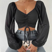 Gerimpte crop blouse met sheer mouwen – Aura