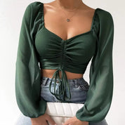 Gerimpte crop blouse met sheer mouwen – Aura