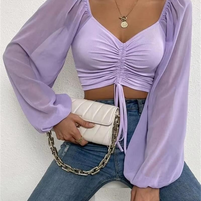 Gerimpte crop blouse met sheer mouwen – Aura