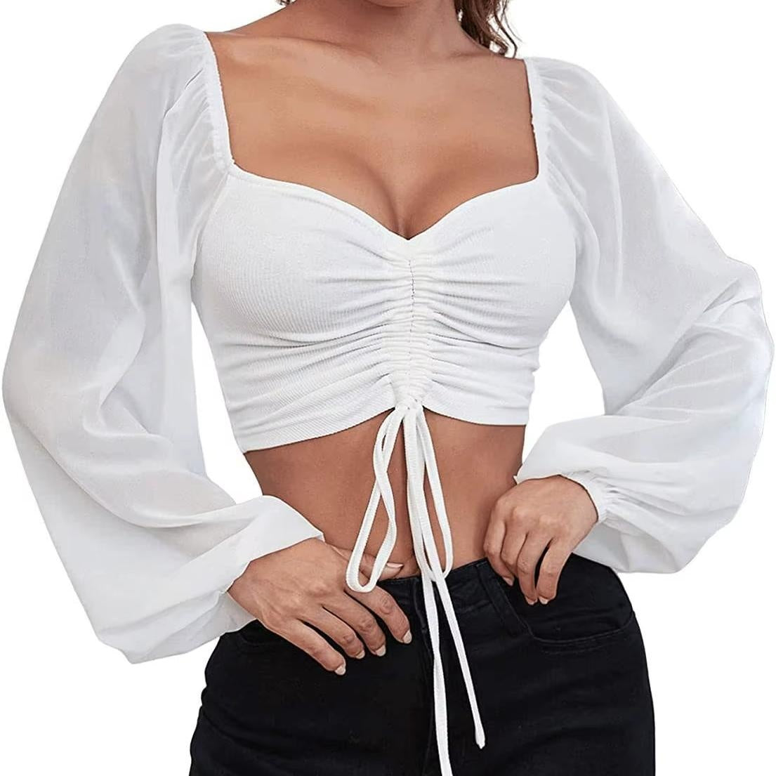Gerimpte crop blouse met sheer mouwen – Aura