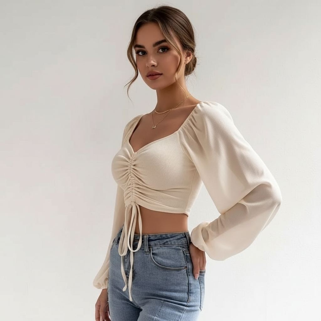 Gerimpte crop blouse met sheer mouwen – Aura