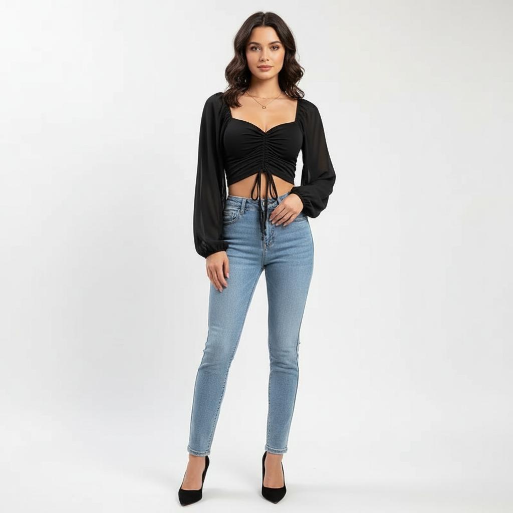 Gerimpte crop blouse met sheer mouwen – Aura
