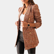 Geruite lange dames blazer met gouden knopen - Elodie