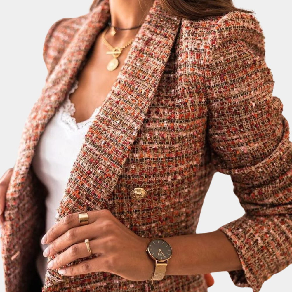 Geruite lange dames blazer met gouden knopen - Elodie