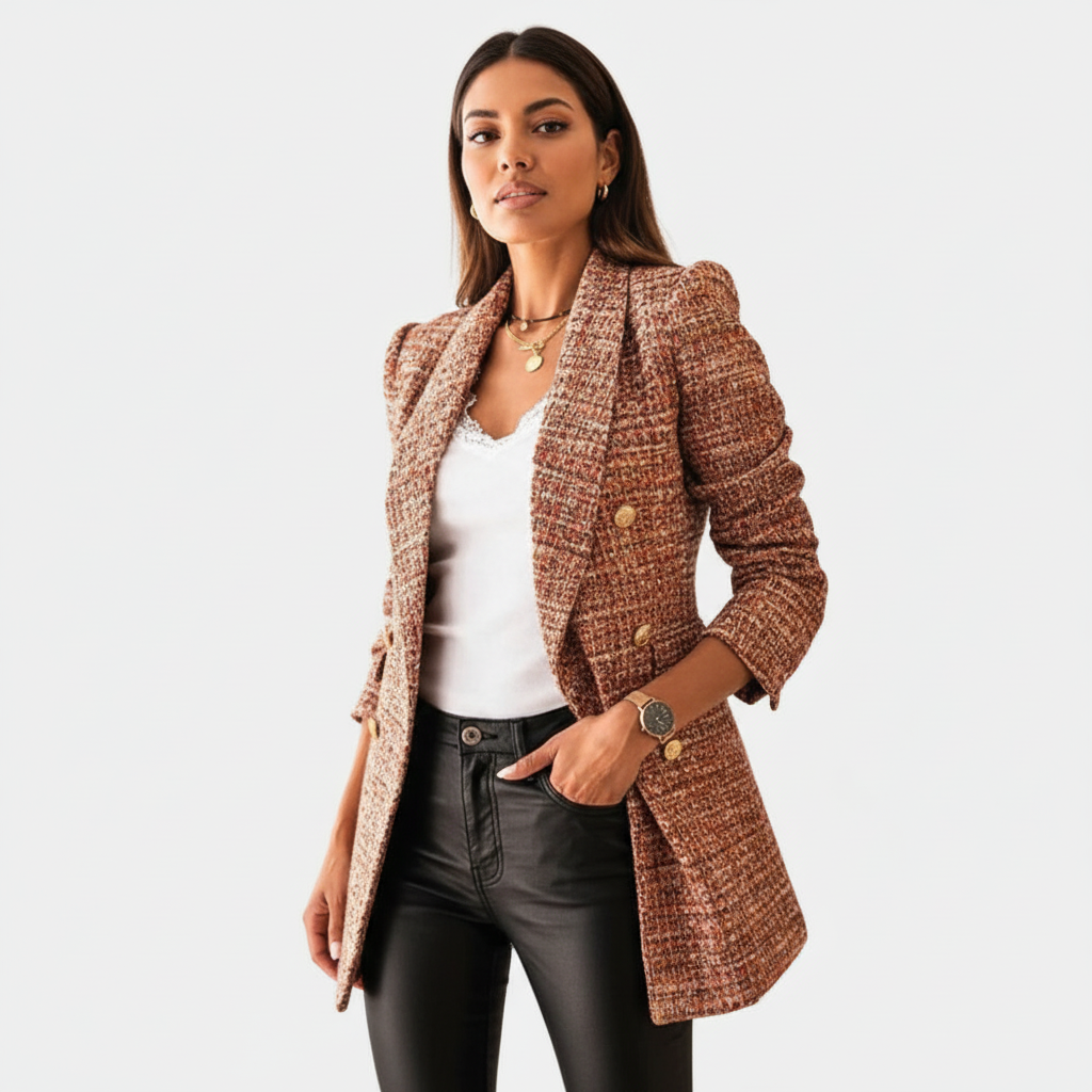 Geruite lange dames blazer met gouden knopen - Elodie