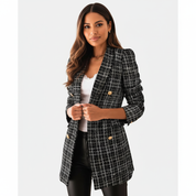 Geruite lange dames blazer met gouden knopen - Elodie