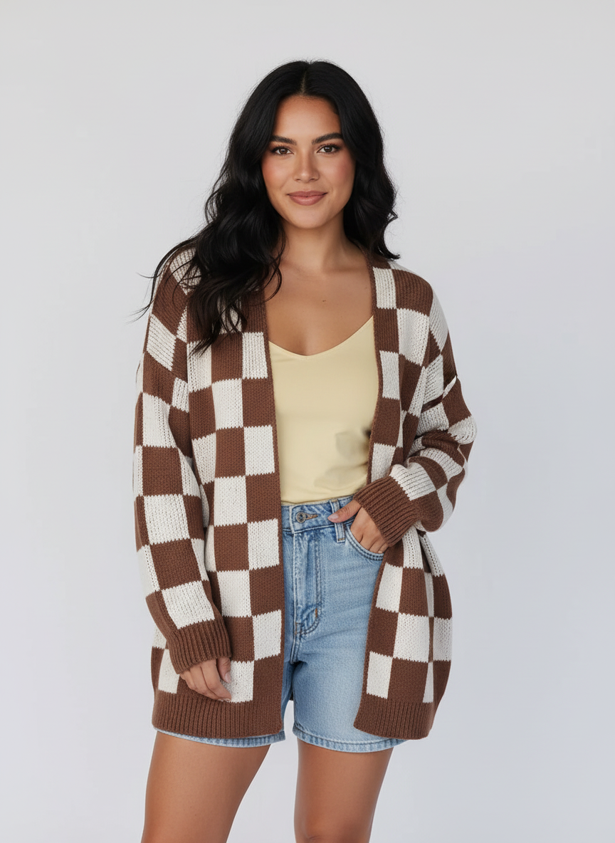 Geruit gebreid damesvest – Amélie