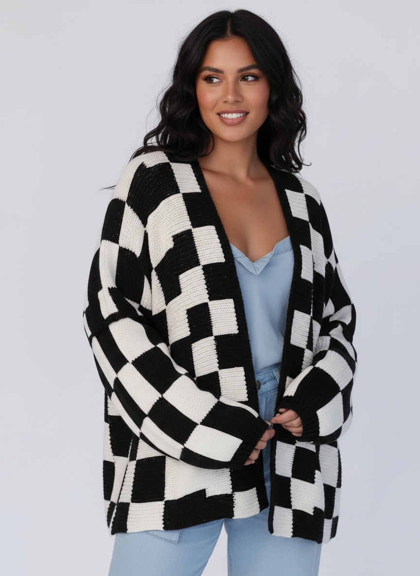 Geruit gebreid damesvest – Amélie