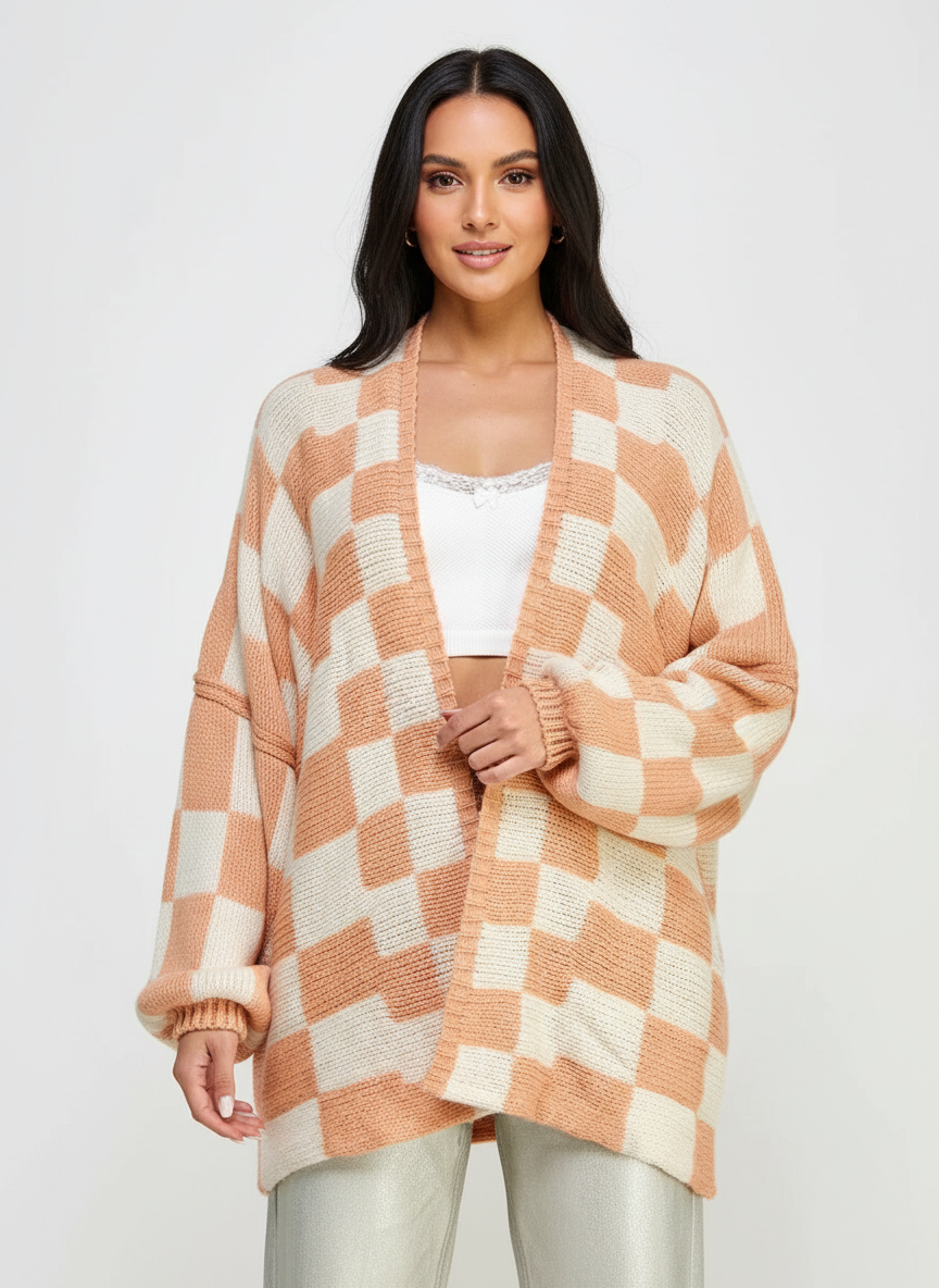 Geruit gebreid damesvest – Amélie