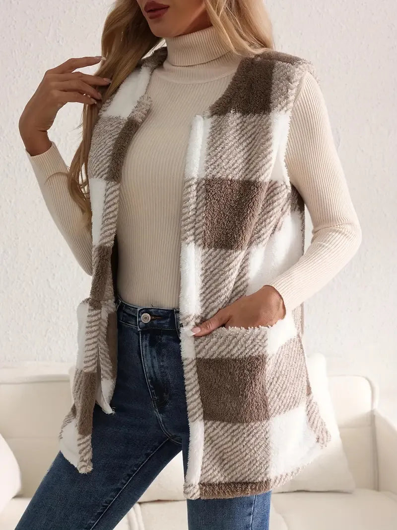 Geruit teddy dames vest met zakken – Everette