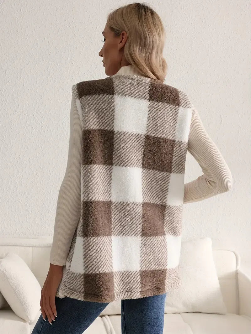 Geruit teddy dames vest met zakken – Everette