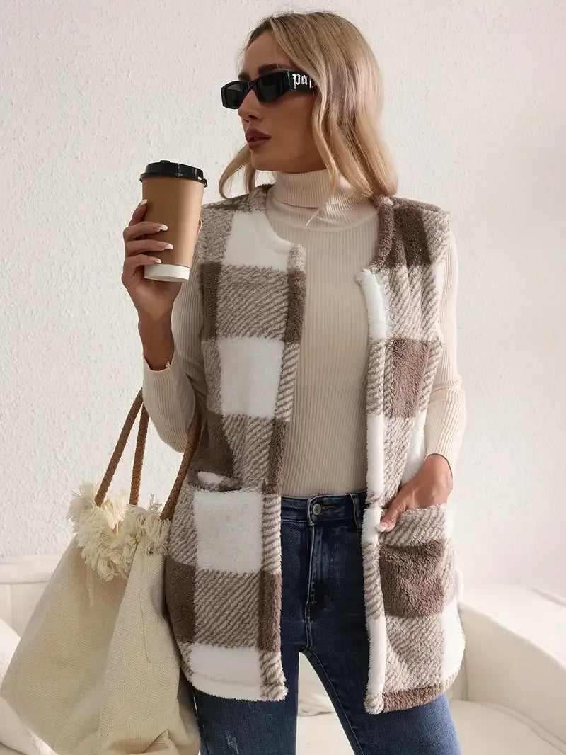 Geruit teddy dames vest met zakken – Everette